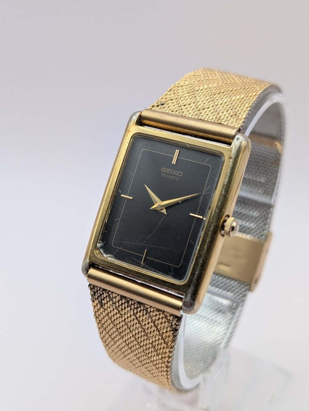 Vintage Seiko Quartz Gold-Tone Tank Watch, Black Dial, Mesh Bracelet